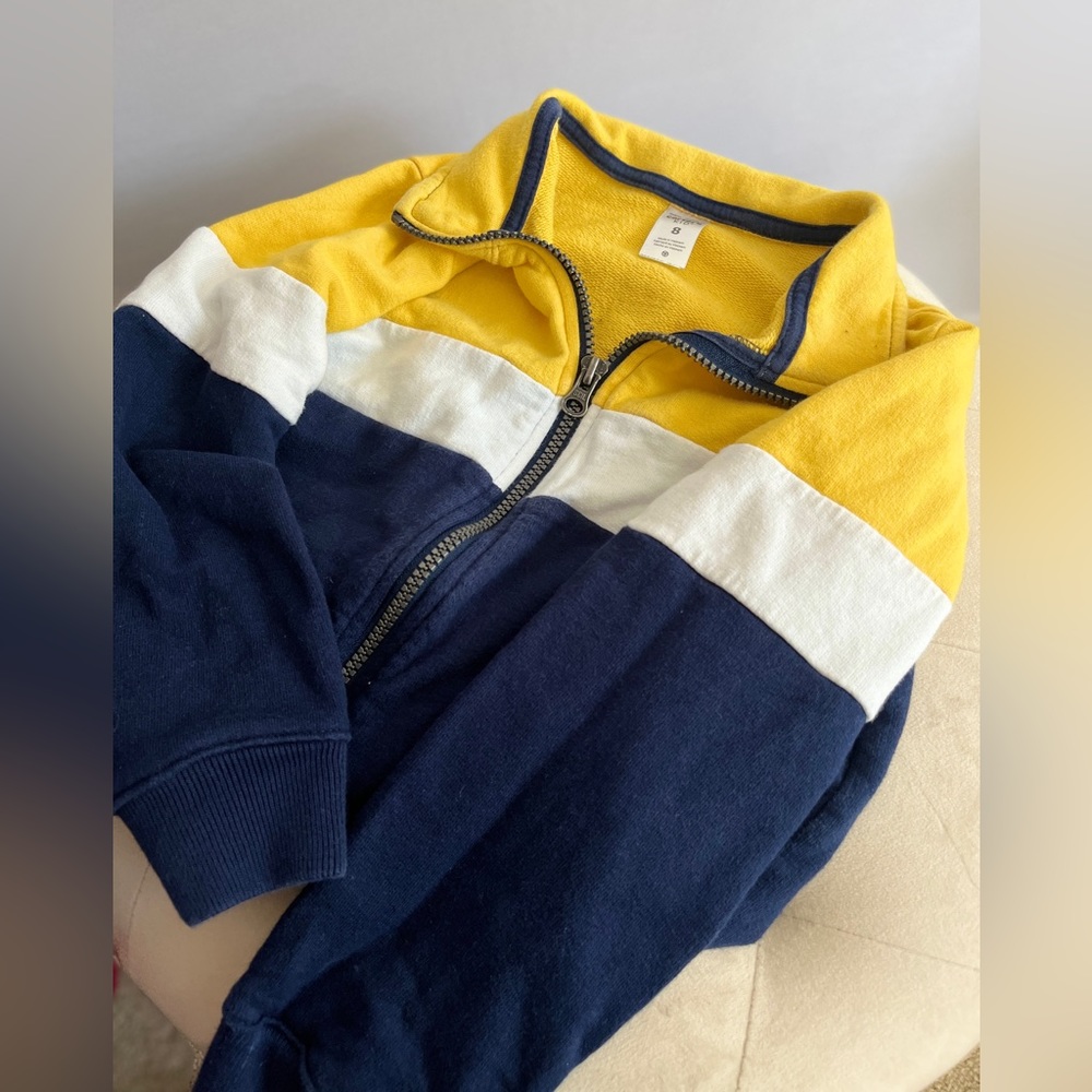 Carters brand boys zip up sweatshirt in navy, white, and yellow